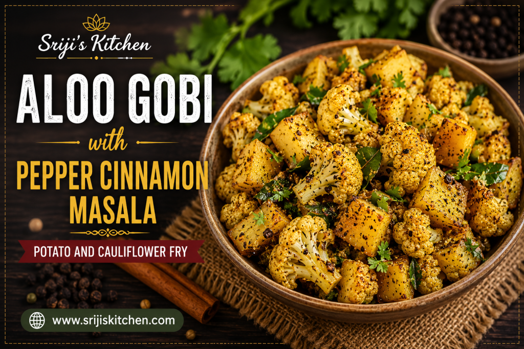 Aloo Gobi with Pepper Cinnamon Masala, a sattvic potato and cauliflower fry prepared without onion or garlic