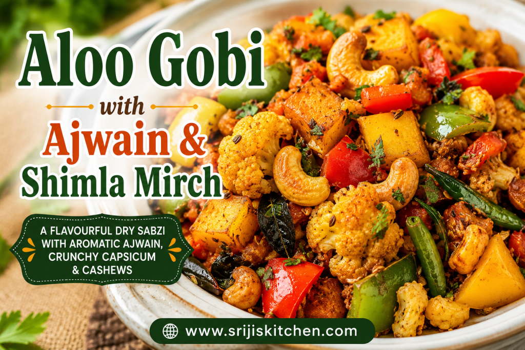 Aloo Gobi with Ajwain and Shimla Mirch made with potatoes, cauliflower, colourful capsicum, cashews, and aromatic ajwain seeds