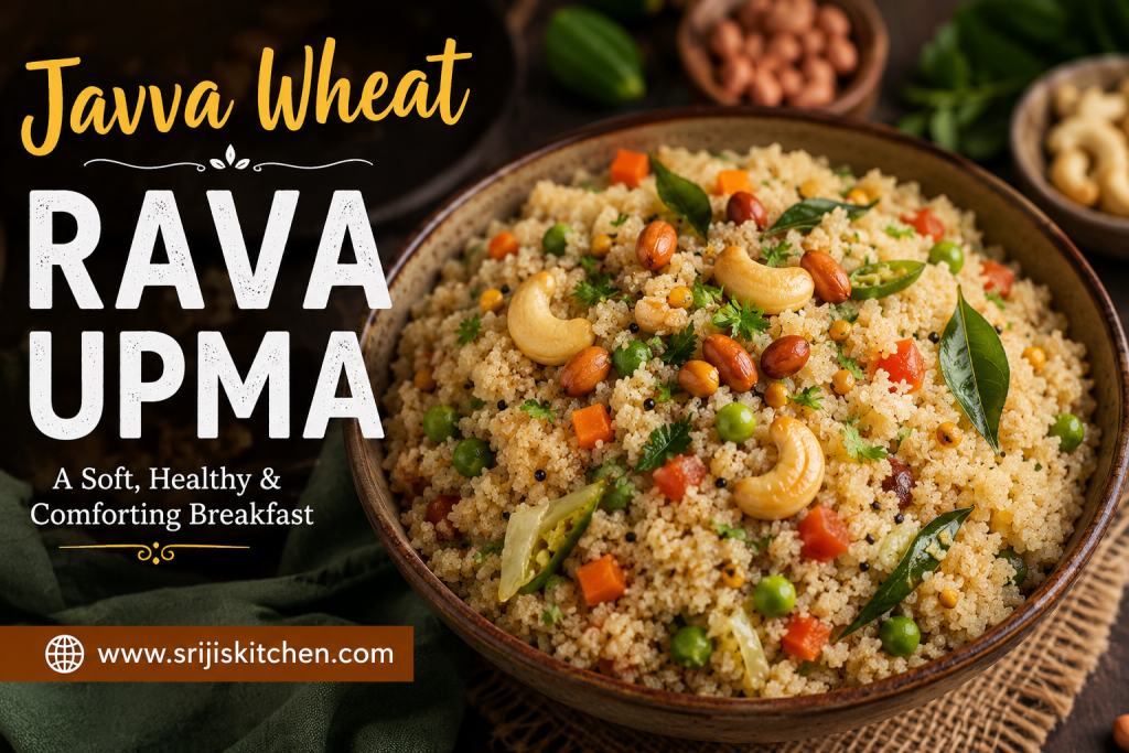 Javva Wheat Rava Upma served with peanuts, cashews, vegetables, and curry leaves in a rustic bowl
