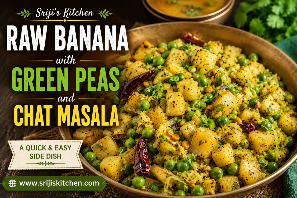 Raw banana with green peas and chat masala served in a brass bowl as a simple Indian side dish