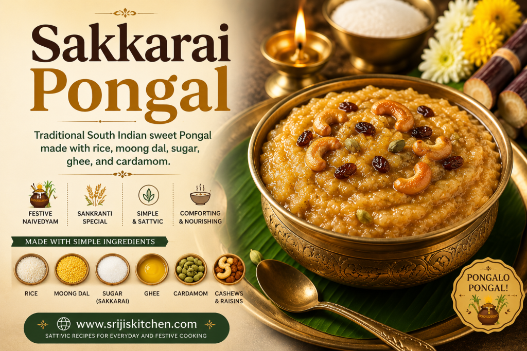 Sakkarai Pongal sweet Pongal made with rice, moong dal, jaggery, ghee, cashews, and raisins served in a traditional brass bowl