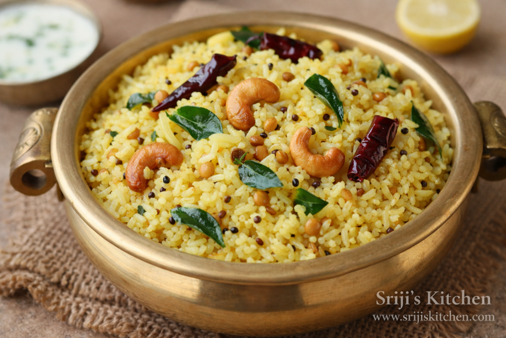 Temple-style sattvic lemon rice prepared without onion or garlic