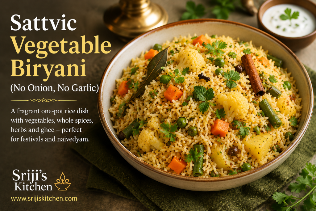 Sattvic Vegetable Biryani prepared with basmati rice, mixed vegetables, whole spices, herbs and ghee, served in a bowl.