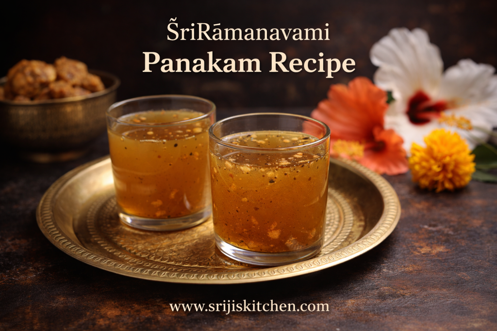 ŚrīRāmanavami Panakam served in glasses on a brass plate with traditional festive setting