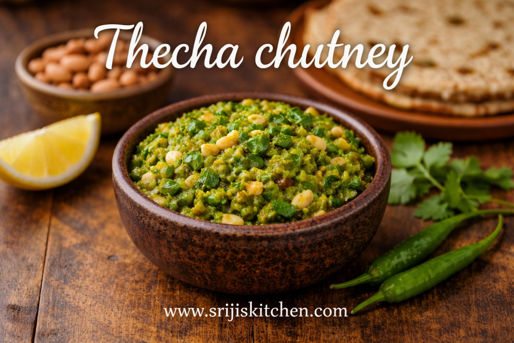 Thecha chutney made with green chillies and peanuts in a rustic bowl