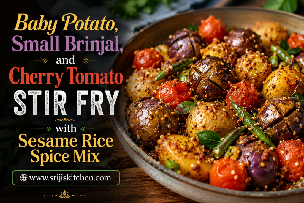Baby potato, small brinjal, and cherry tomato stir fry coated with sesame rice spice mix served in a rustic bowl