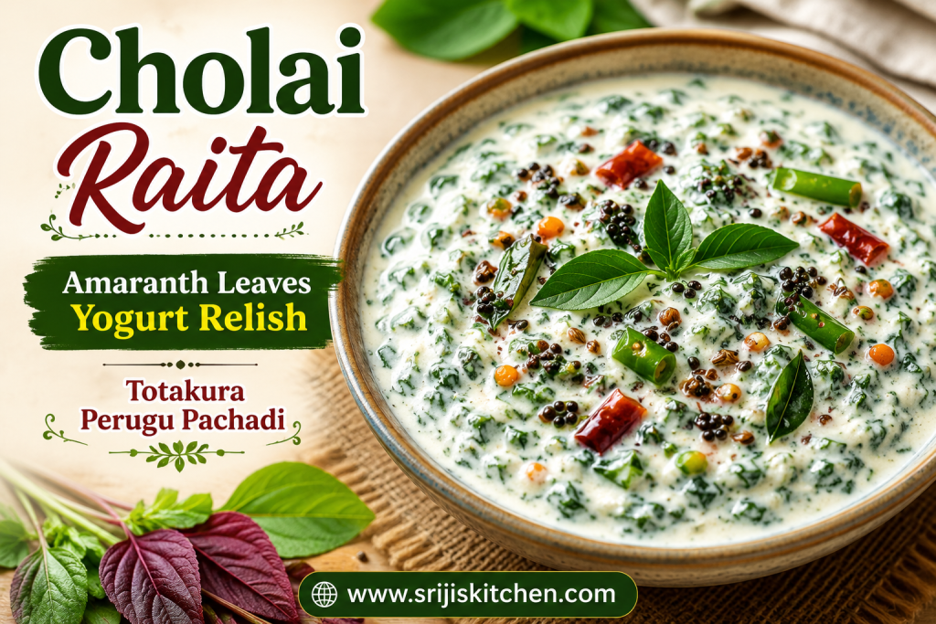 Cholai Raita made with amaranth leaves, curd, ginger, and tempering served in a rustic bowl
