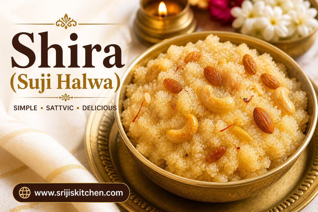 Shira suji halwa with grainy texture served in a brass bowl, garnished with cashews and almonds, traditional sattvic dessert