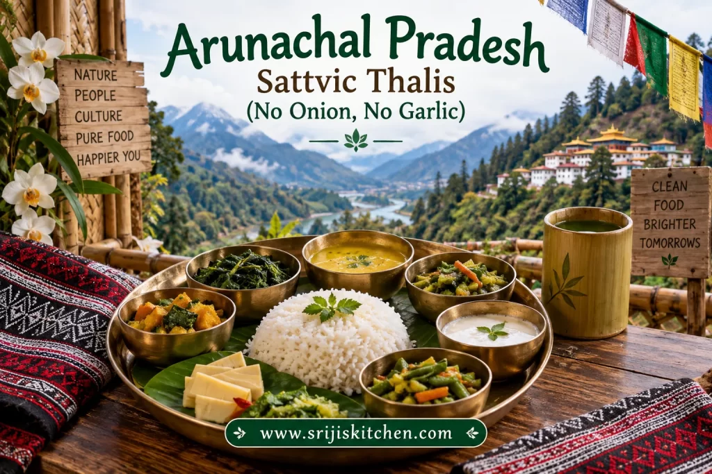 Arunachal Pradesh sattvic thali with rice and vegetarian dishes, prepared without onion or garlic