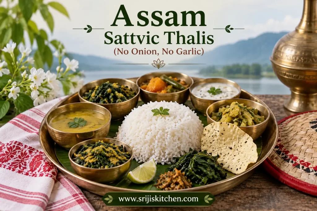 Assam Sattvic Thalis (No Onion, No Garlic) featuring a traditional Assamese-style sattvic meal