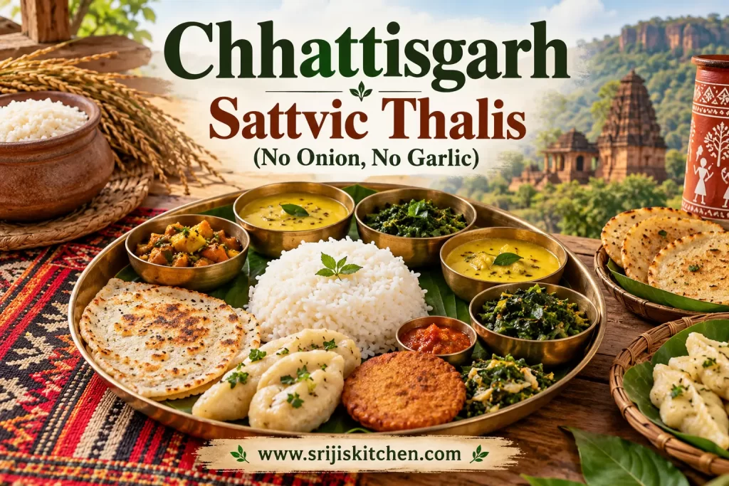Chhattisgarh sattvic thali with traditional rice, dal, bhaji, rice breads and regional dishes, prepared without onion or garlic