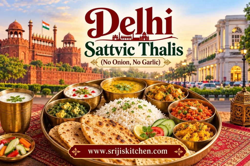 Delhi Sattvic Thalis (No Onion, No Garlic) with Red Fort and Connaught Place