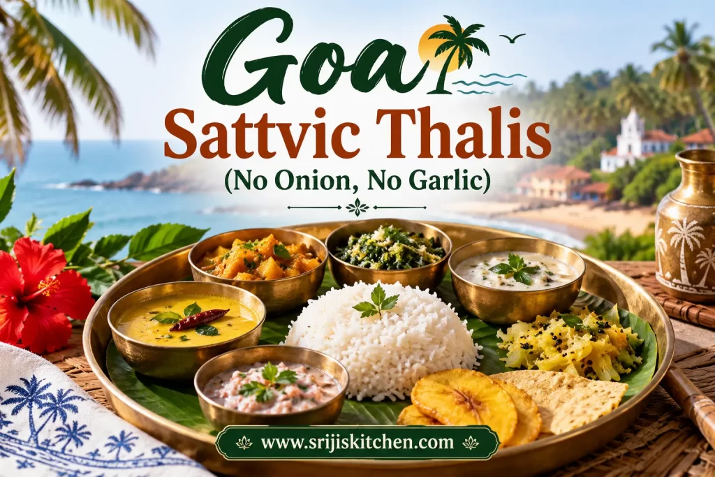 Traditional vegetarian Goan thali with rice, curries and vegetable dishes