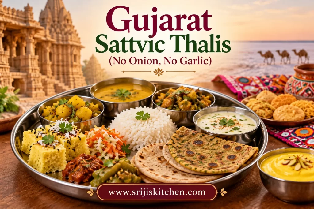 Gujarat sattvic thalis with traditional Gujarati dishes prepared without onion or garlic