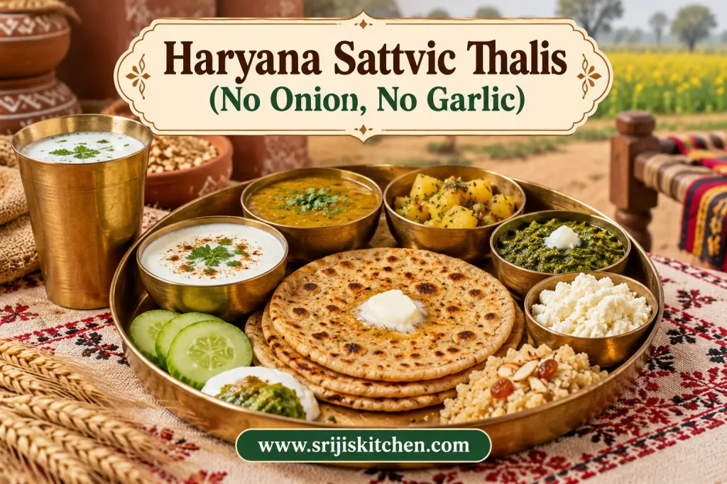 Traditional Haryana sattvic thali with roti, dal, vegetables, curd and chaas