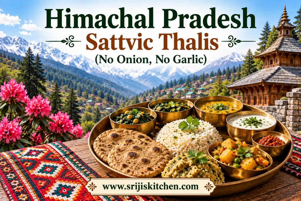 Himachal Pradesh Sattvic Thalis (No Onion, No Garlic) with a traditional vegetarian thali against a Himalayan landscape