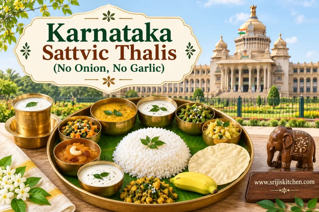 Karnataka Sattvic Thalis (No Onion, No Garlic) with a traditional Karnataka meal and Vidhana Soudha in the background
