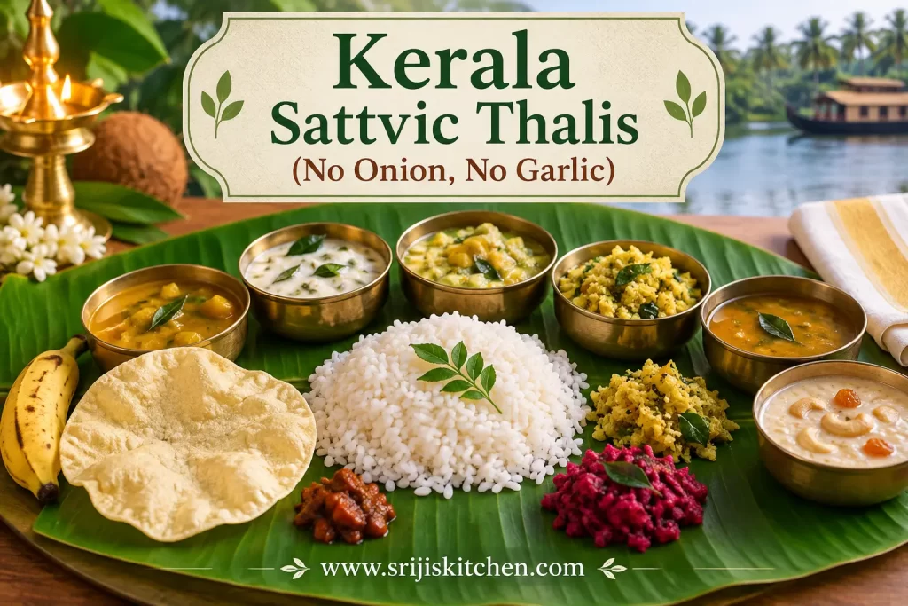 Kerala Sattvic Thalis (No Onion, No Garlic) with traditional Kerala vegetarian dishes served on a banana leaf