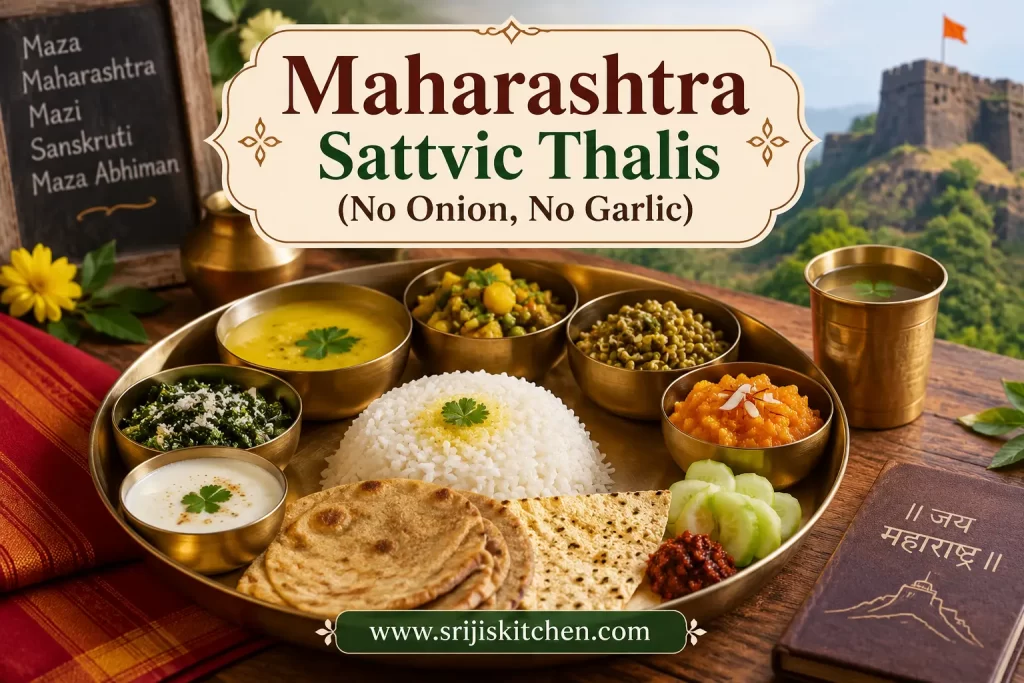 Maharashtra Sattvic Thalis (No Onion, No Garlic) featuring a traditional Maharashtrian vegetarian thali