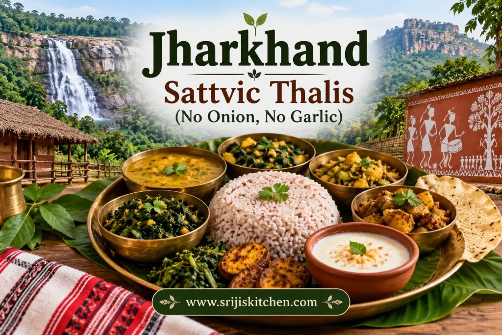 Traditional Jharkhand sattvic thali with rice, dal, vegetables and regional dishes prepared without onion or garlic