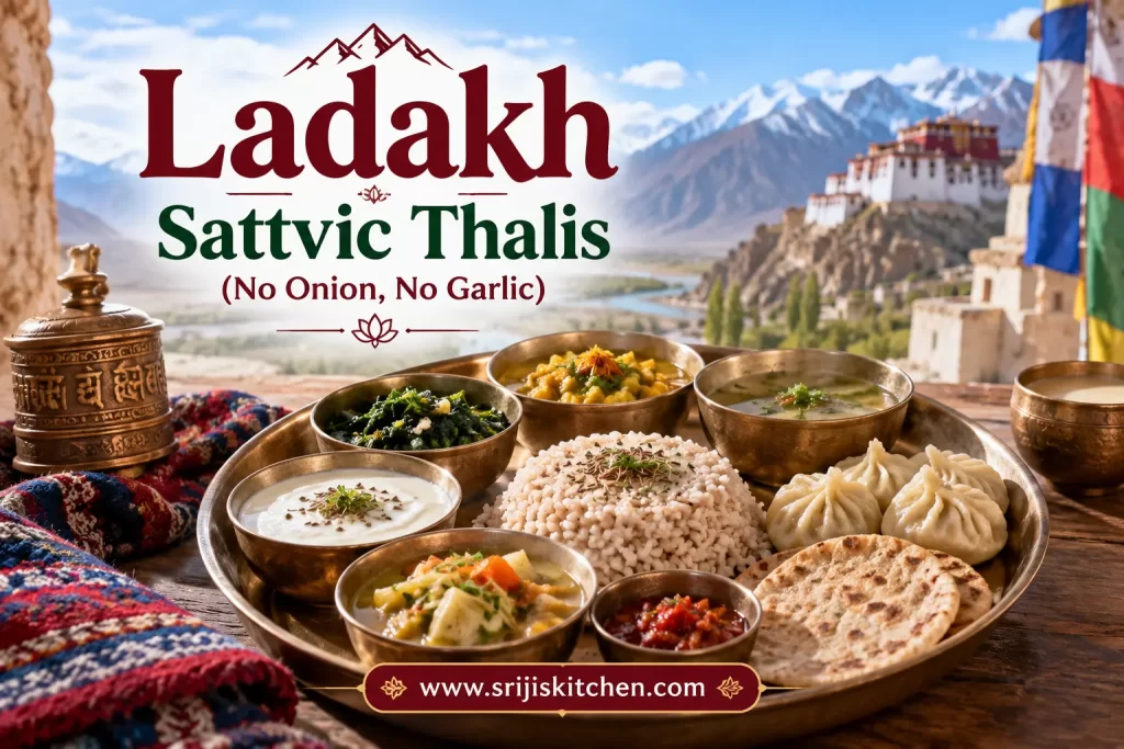 Ladakh sattvic thali with traditional vegetarian dishes and a Himalayan mountain landscape
