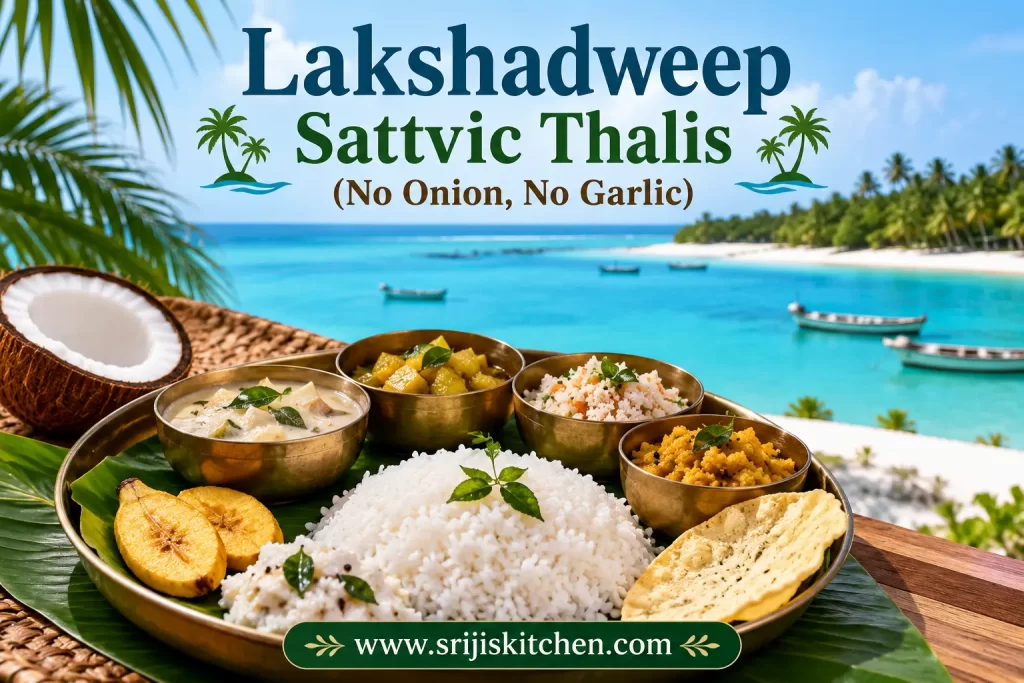 Lakshadweep sattvic thali with rice, coconut-based vegetarian dishes and traditional accompaniments