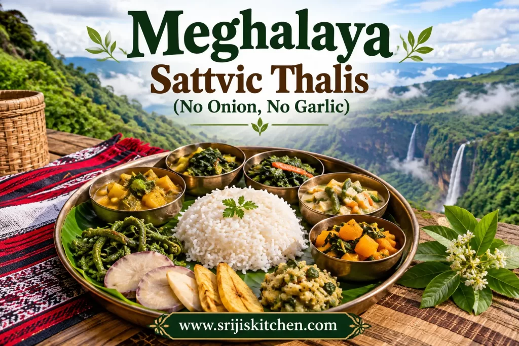 Meghalaya Sattvic Thalis (No Onion, No Garlic) featuring a traditional vegetarian thali with rice, leafy greens, seasonal vegetables and regional accompaniments against the lush green hills and waterfalls of Meghalaya.