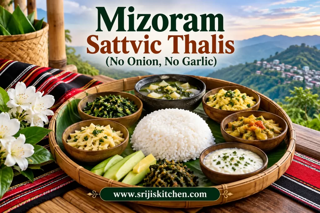 Mizoram Sattvic Thalis (No Onion, No Garlic) featuring rice, leafy greens, bamboo shoot preparations and traditional vegetarian dishes served on a bamboo tray against the scenic hills of Mizoram.