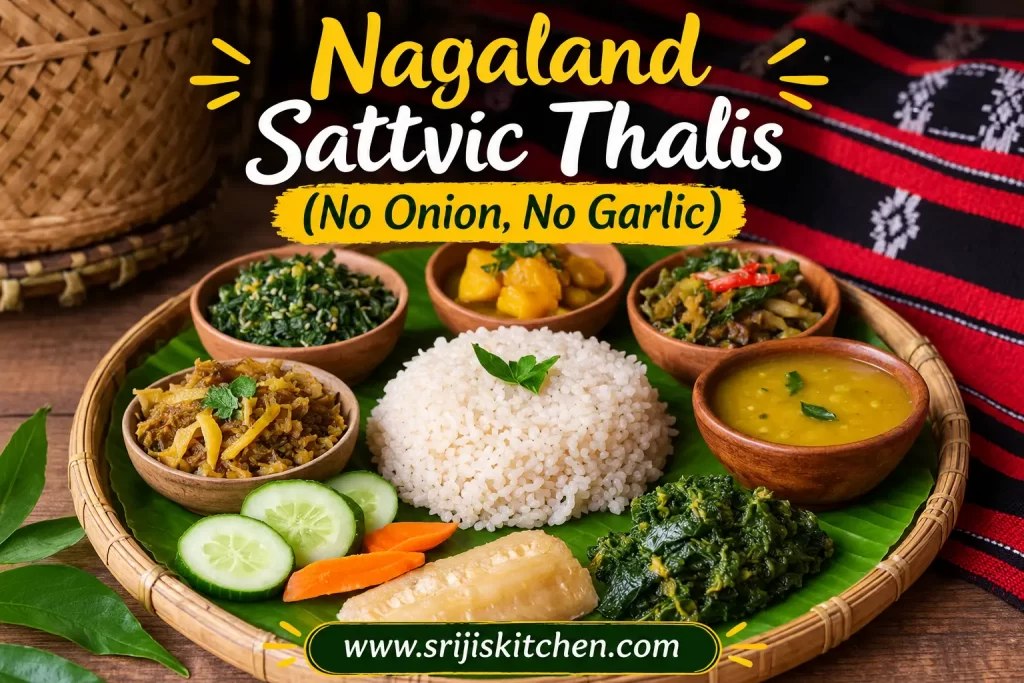 Nagaland Sattvic Thalis (No Onion, No Garlic) featuring rice, dal, leafy greens and traditional vegetable dishes served on a banana leaf-lined platter.