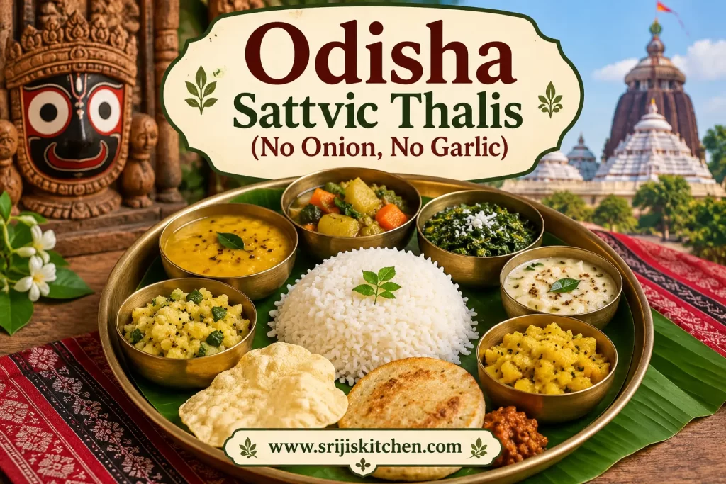 Odisha Sattvic Thalis (No Onion, No Garlic) featuring traditional Odia vegetarian dishes, Śrī Jagannātha and the Jagannātha Temple in Puri.