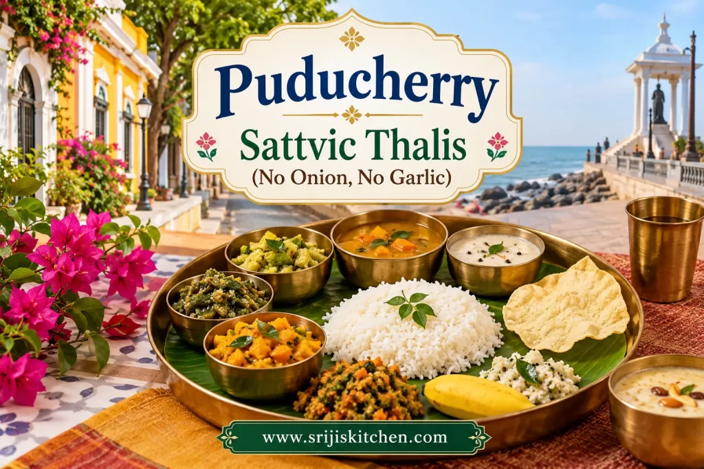 Puducherry Sattvic Thalis (No Onion, No Garlic) featuring a traditional South Indian vegetarian thali with rice, vegetable curries, chutneys, papad and payasam, against a Puducherry coastal backdrop.