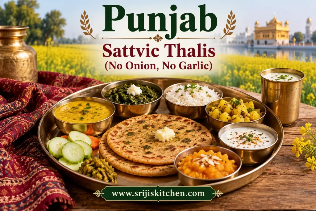 Traditional Punjab sattvic thali with parathas, dal, sarson ka saag, rice, potato sabzi, raita, halwa and lassi, prepared without onion or garlic.