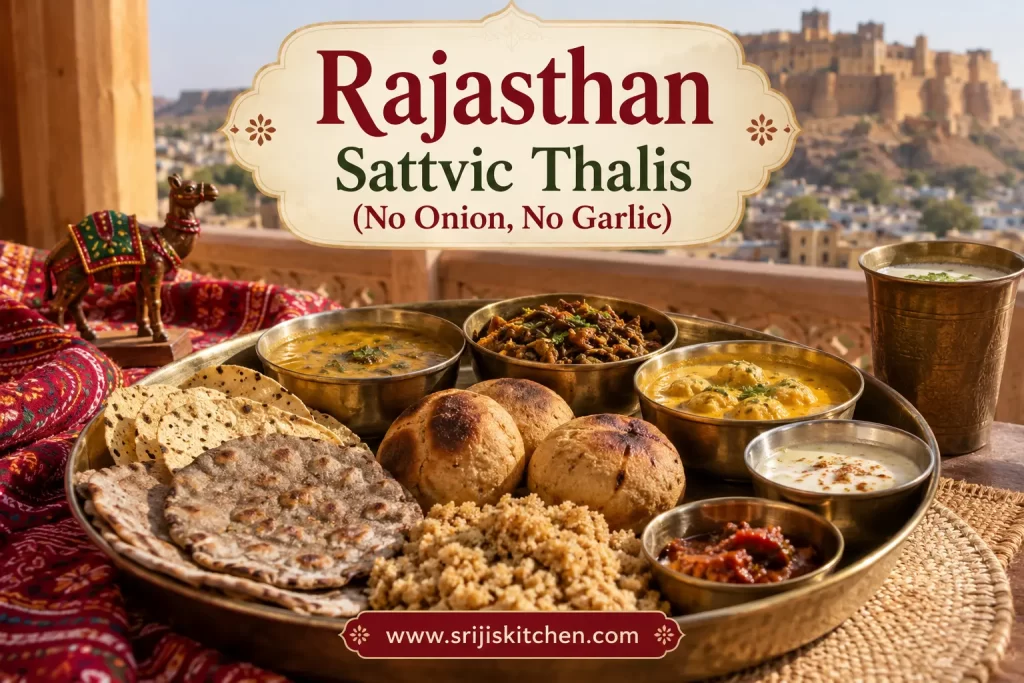 Traditional Rajasthan sattvic thali featuring dal baati churma, bajra roti, gatte ki sabzi, ker sangri and accompaniments, prepared without onion or garlic.