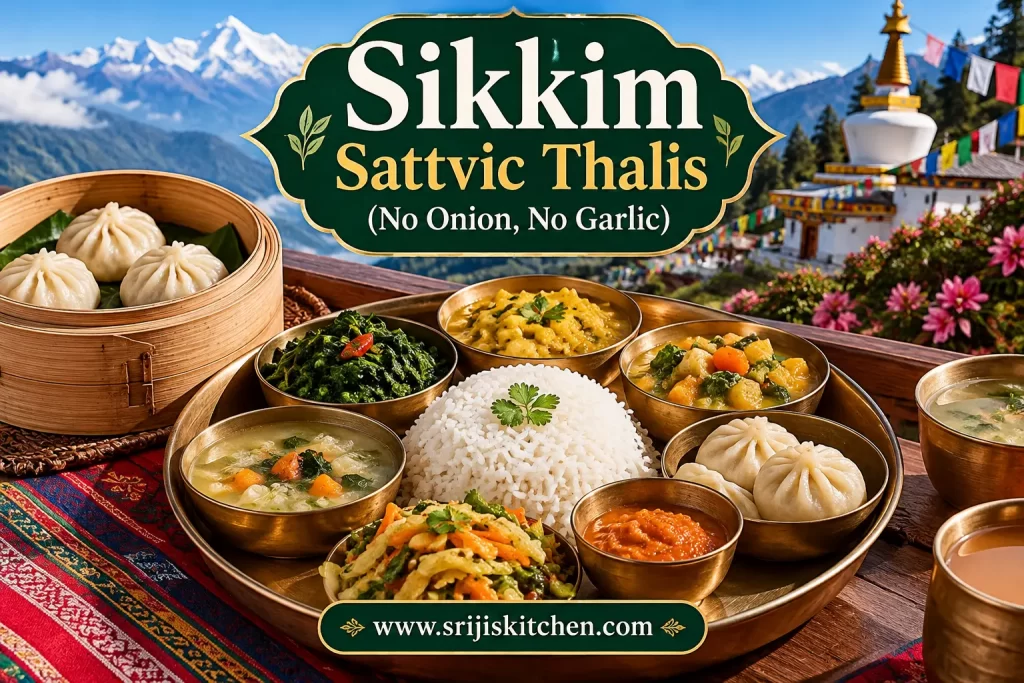 Sikkim Sattvic Thalis (No Onion, No Garlic) featuring traditional Himalayan vegetarian dishes, rice, vegetable curries, greens and momos, with Sikkim's mountains and monastery in the background.