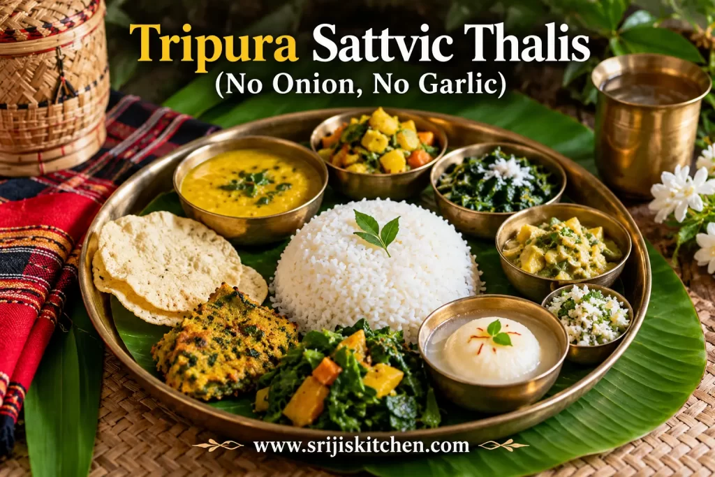 Tripura Sattvic Thalis (No Onion, No Garlic) featuring rice, dal, seasonal vegetables, leafy greens, papad and traditional sweets served on a brass thali.