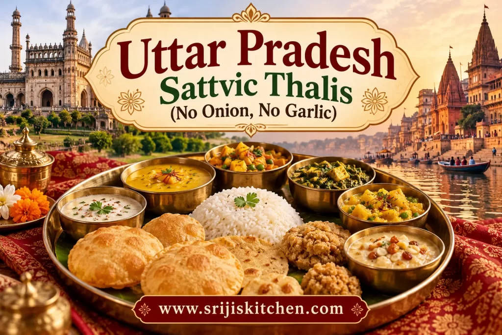 Uttar Pradesh sattvic thali featuring puri, rice, dal, vegetable curries, raita and traditional sweets, prepared without onion or garlic.