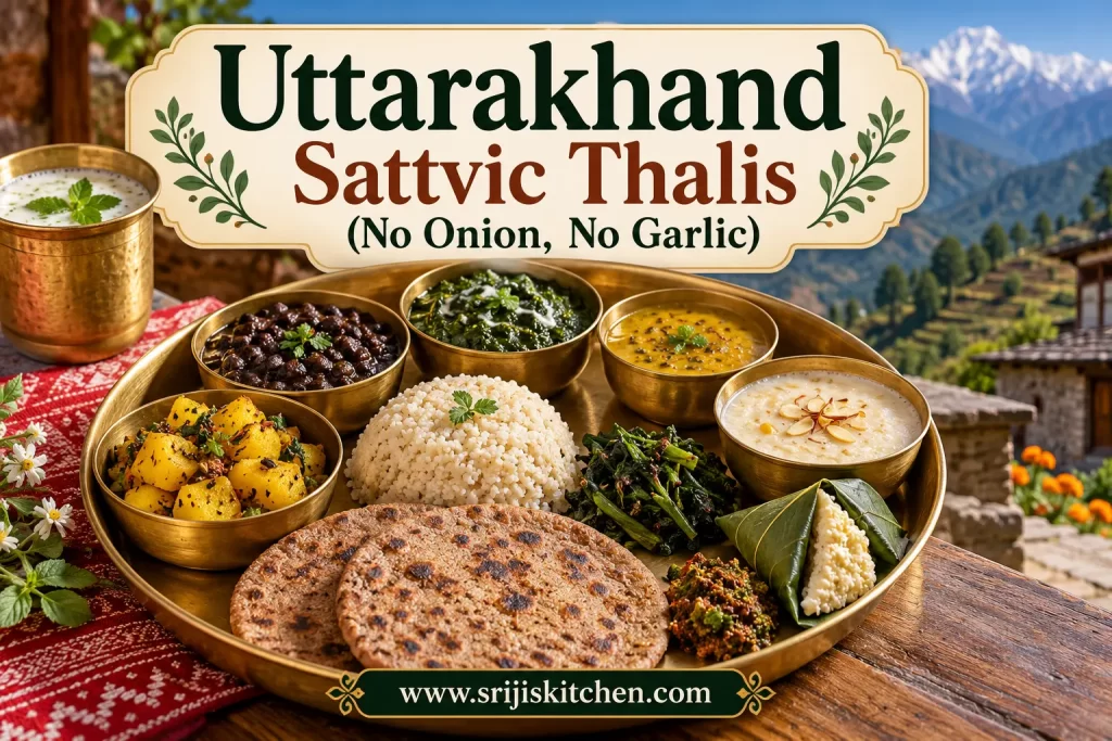 Traditional Uttarakhand sattvic thali with mandua roti, rice, dal, leafy greens, potatoes and regional dishes, prepared without onion or garlic