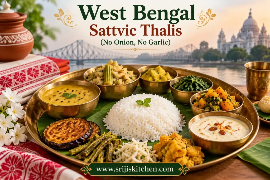 Traditional West Bengal sattvic thali with rice, dal, shukto, vegetable curries, begun bhaja and payesh, prepared without onion or garlic.